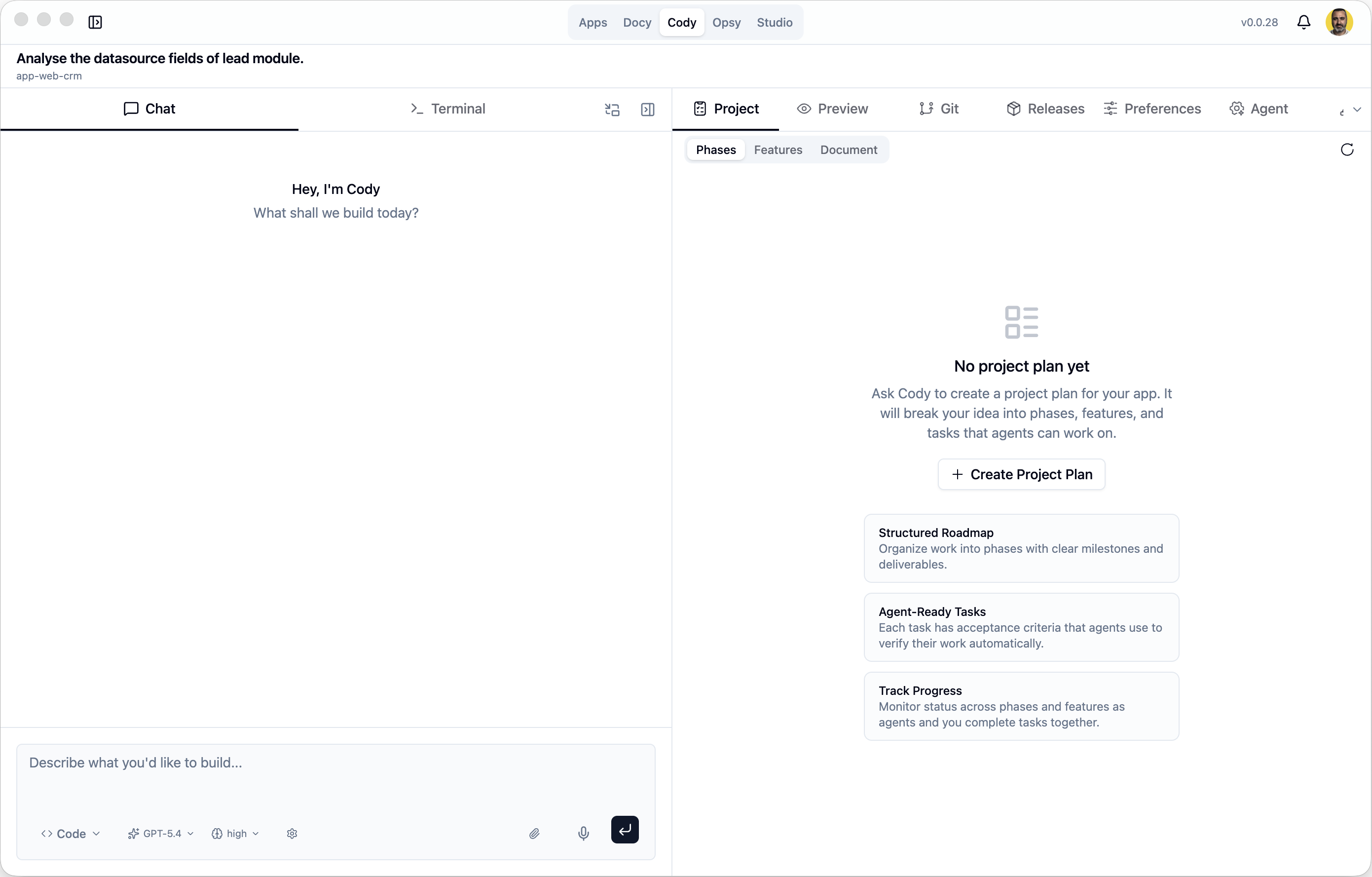 Cody chat view inside Docyrus Desktop App