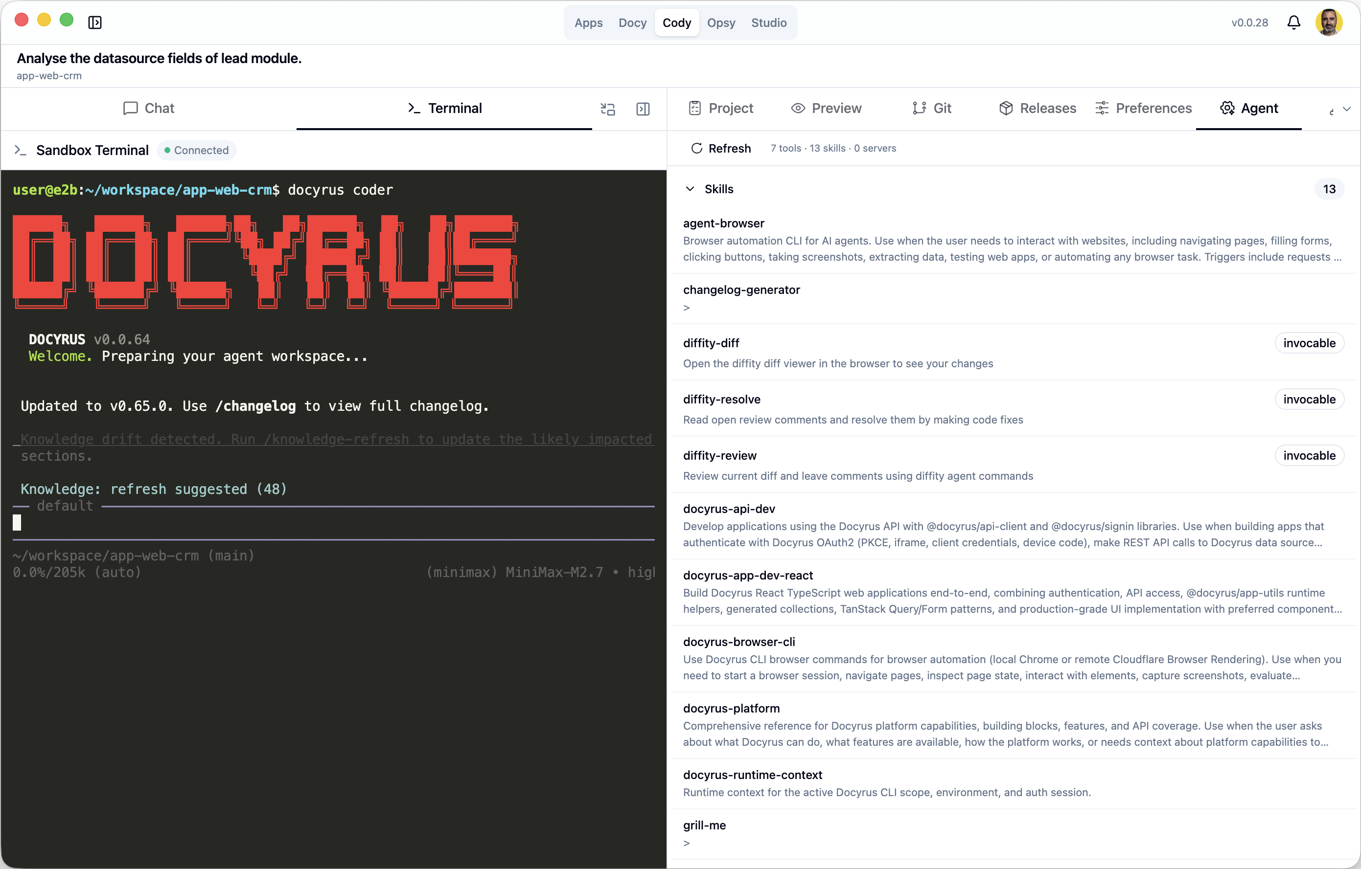 Cody terminal view inside Docyrus Desktop App