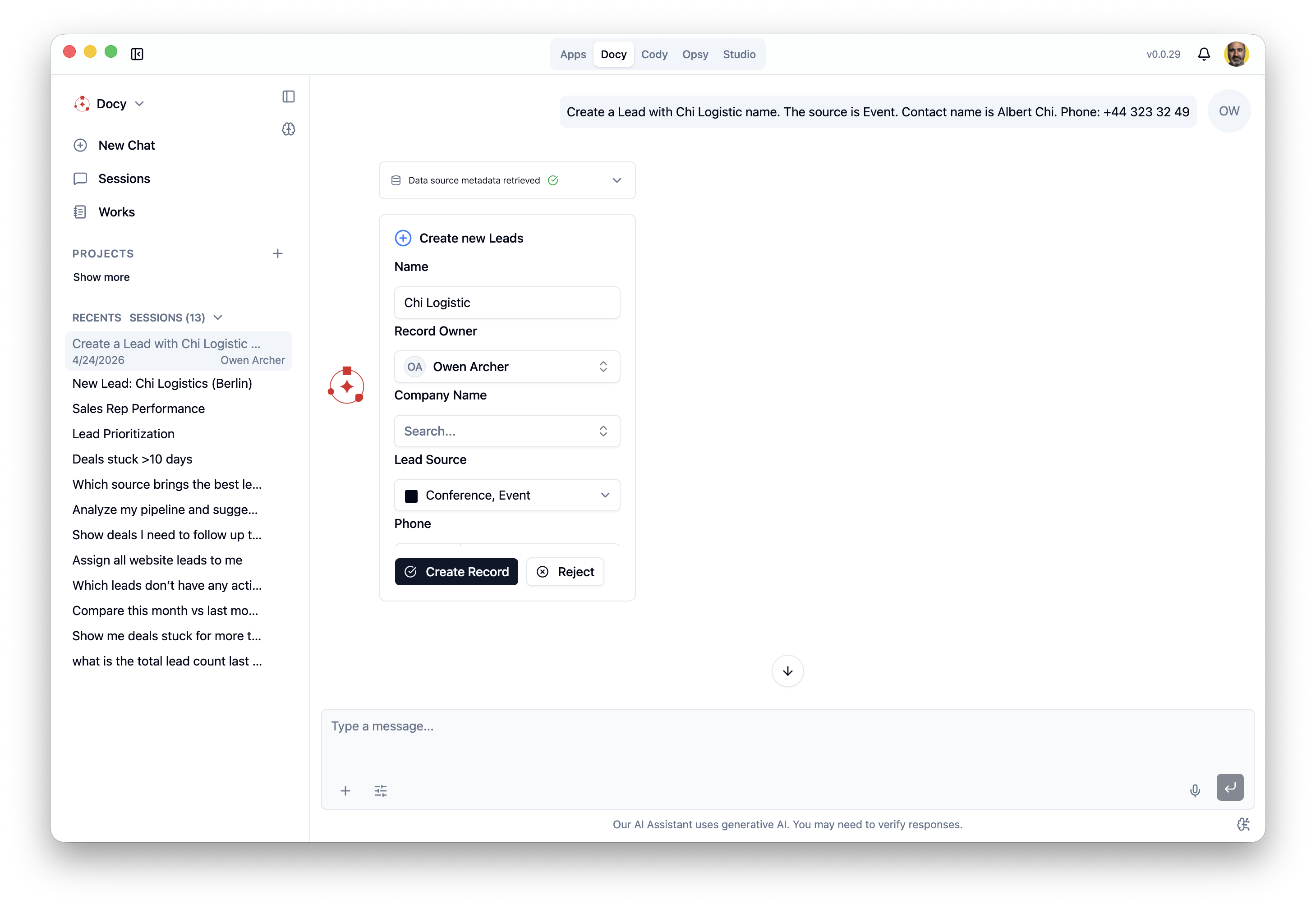Docy record action flow inside Docyrus Desktop App