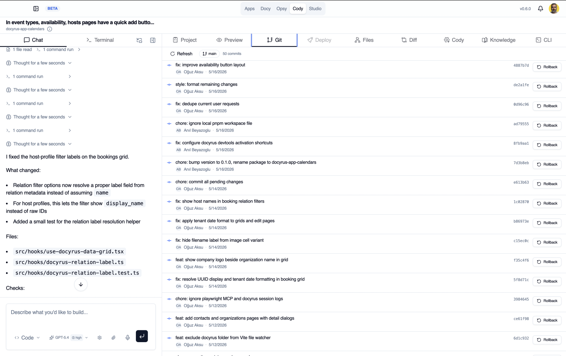 Git panel showing commit history and rollback controls in the Docyrus IDE