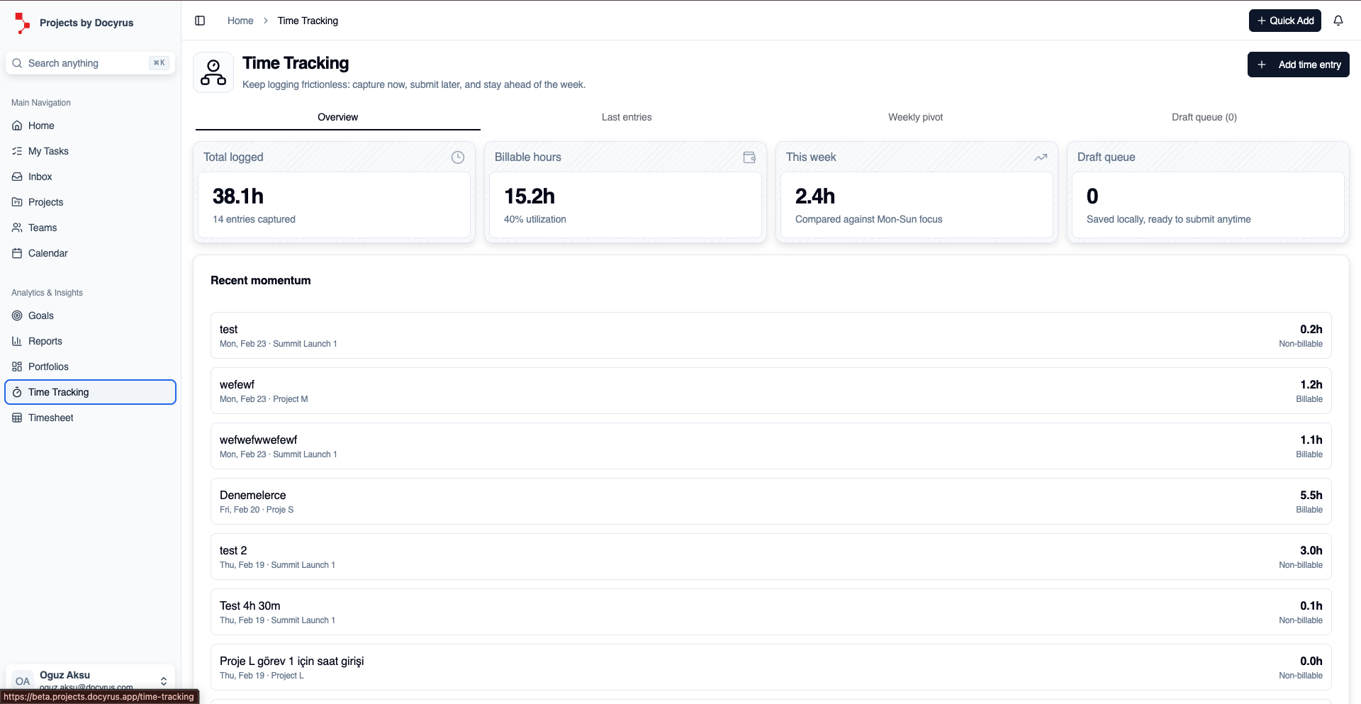 Time Tracking - Capture billable hours, weekly pivot, and draft queue with utilization metrics.