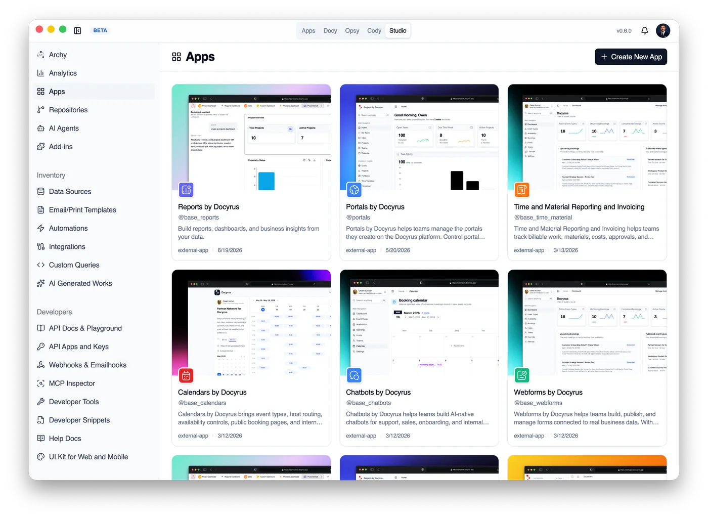 Docyrus Desktop App showing the Studio app inventory