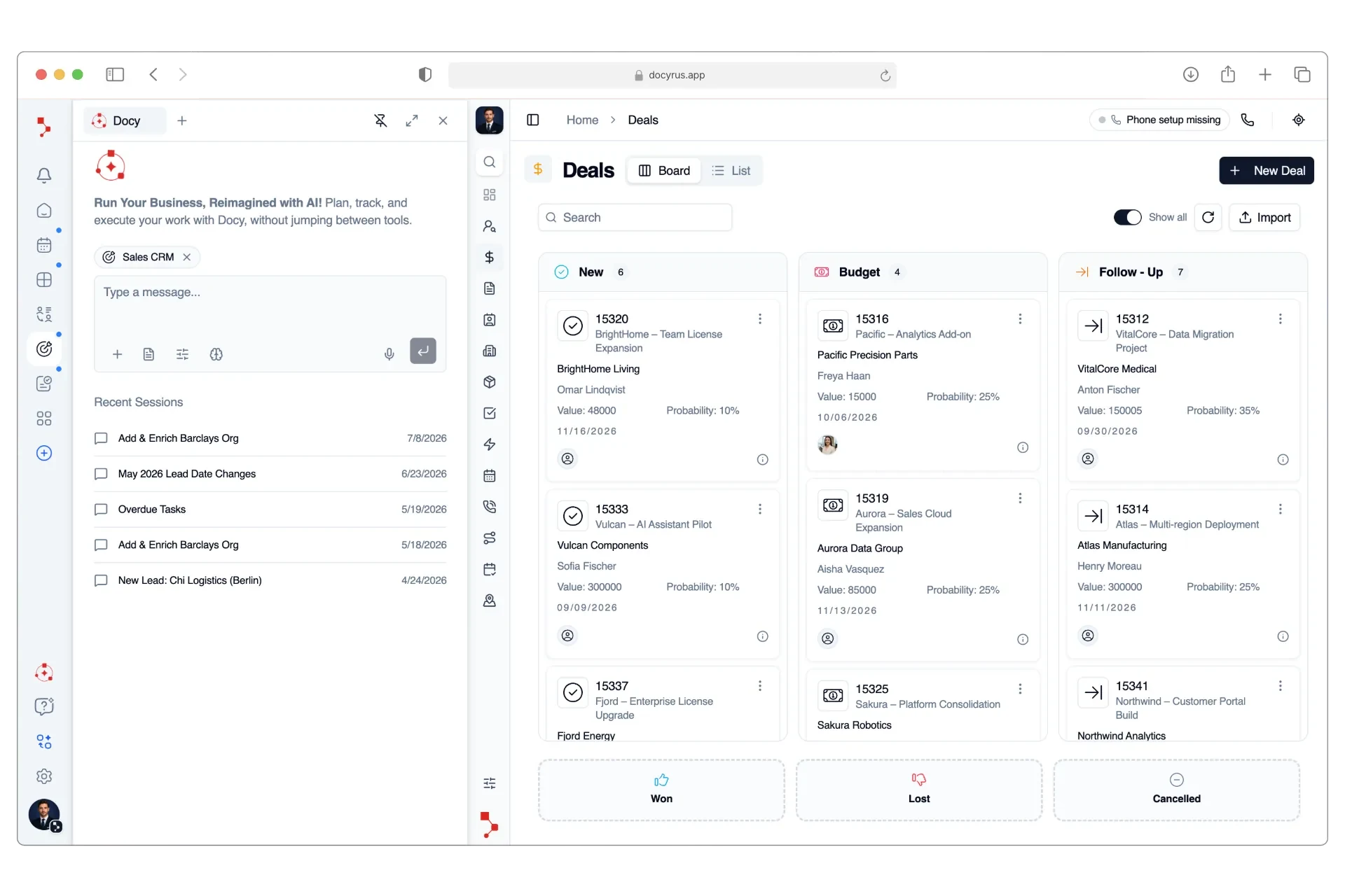 Docyrus Web App showing Docy beside a sales deals board