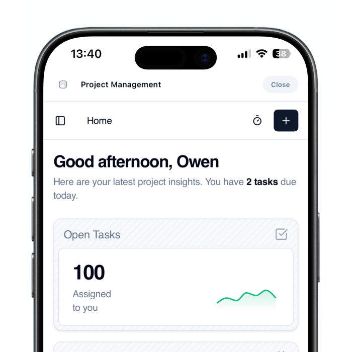 Docyrus Mobile App showing a project dashboard on an iPhone